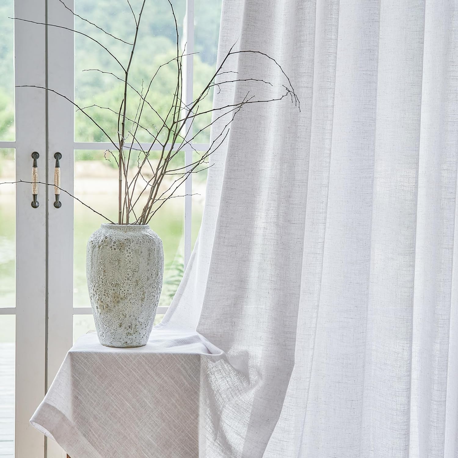 HUTO Extra Wide Pinch Pleated Semi Sheer Curtains, Privacy Light Filtering Beige White Linen Pinch Pleat Drapes 96 Inch Length for Patio Door Living Room Bedroom with Hooks (1 Panel, 100 W X 96 L)  HUTO   