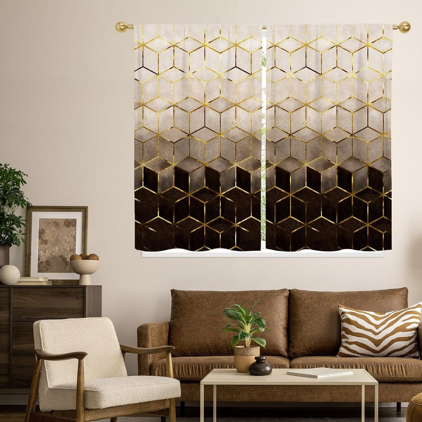 Gibelle Marble Geometric Kitchen Curtains Brown Gold Abstract Modern Small Short Cafe Tier Curtains Decor for Living Dining Room Bathroom RV Rod Pocket Window Drapes Treatment 2 Panels 26"X39"