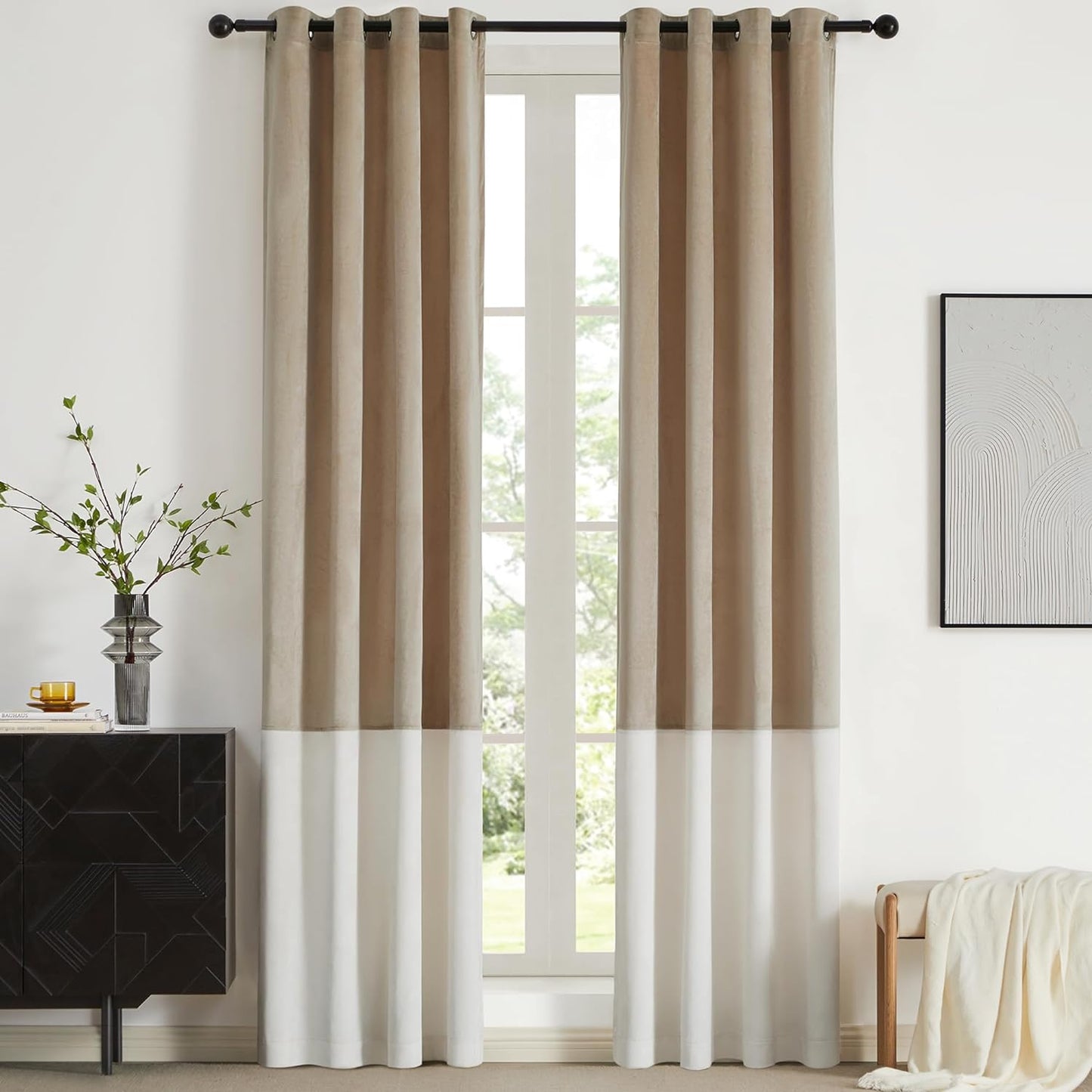 BULBUL Color Block Window Curtains Panels 84 Inches Long Cream Ivory Gold Velvet Farmhouse Drapes for Bedroom Living Room Darkening Treatment with Grommet Set of 2  BULBUL Champagne  Cream 52"W X 84"L 