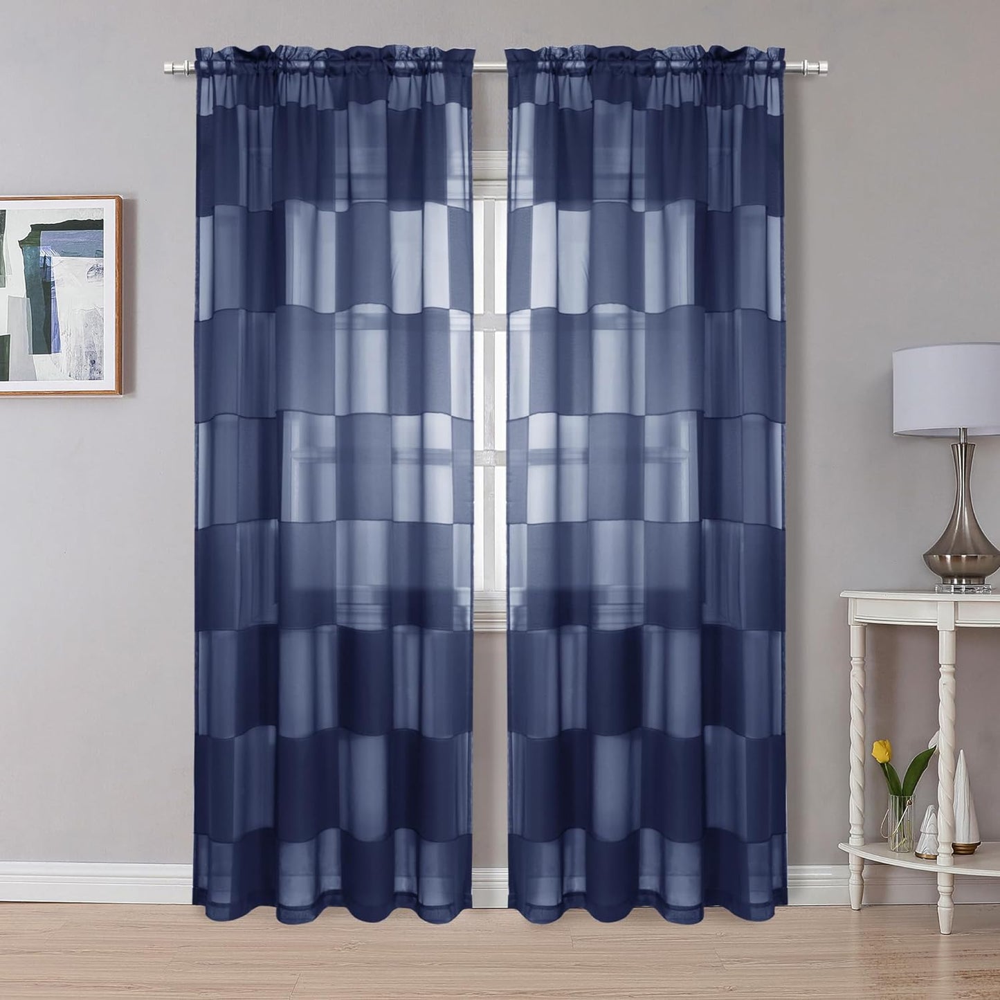 OVZME Sage Green Sheer Bedroom Curtains 84 Inch Length 2 Panels Set, Dual Rod Pocket Clip Checkered Window Curtains for Living Room, Light Filtering & Privacy Sheer Green Drapes, Each 42W X 84L  OVZME Navy Blue 42W X 84L 