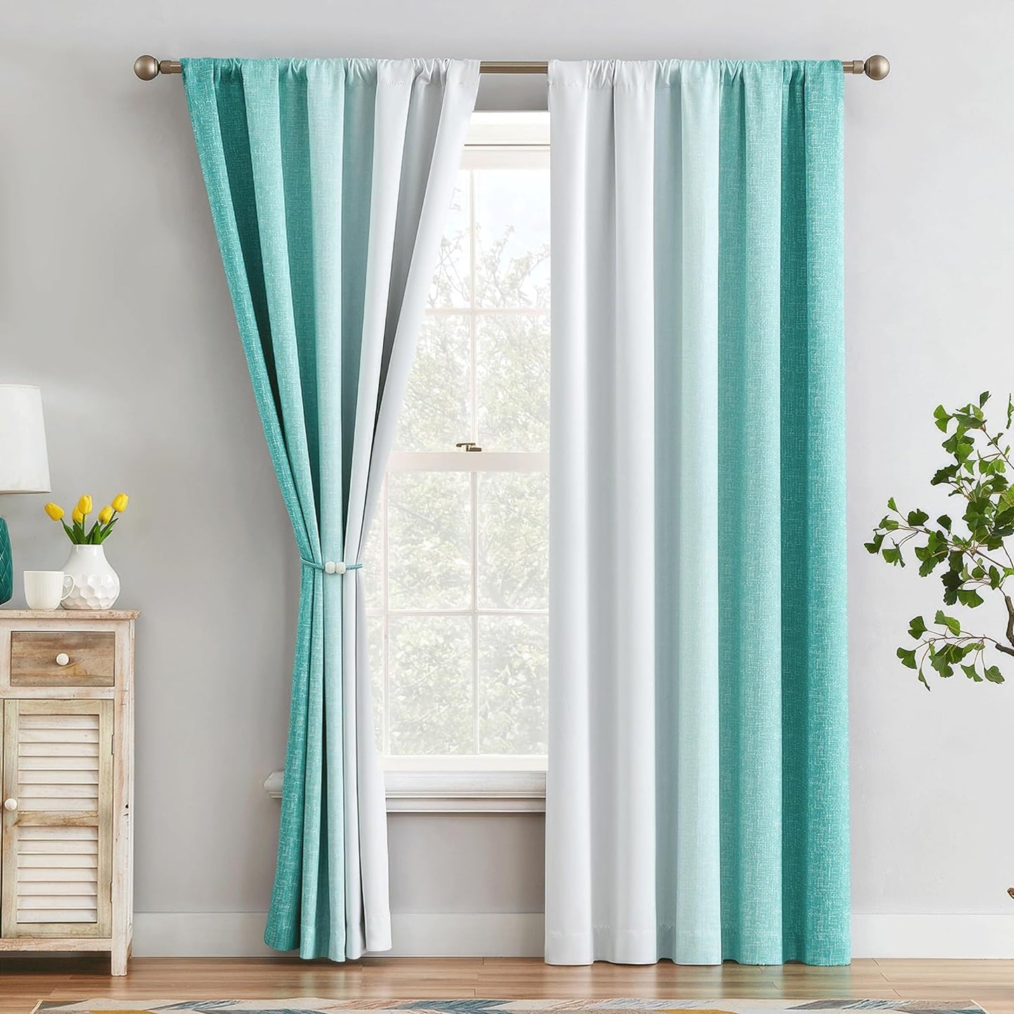 Geomoroccan Ombre 100% Blackout Curtains 84 Inches Long, Pink and White 2 Tone Reversible Window Treatments for Bedroom Living Room, Linen Gradient Print Rod Pocket Drapes 52" W 2 Panel Sets  Geomoroccan Teal 52"X95"X2 