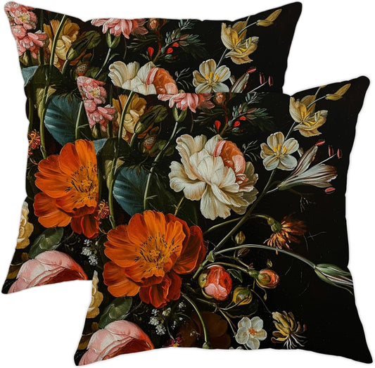 Vintage Floral Throw Pillow Covers Elegant Midcentury Victorian Plants Textured Oil Painting Black Soft Velvet Square Indoor Office Chair College Dorm Bedroom Sofa Decor Pillow Case 18X18Inch Set of 2