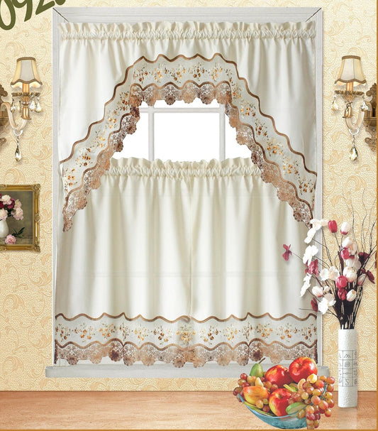 Fancy Collection 3Pc Beige with Embroidery Floral Kitchen/Cafe Curtain Tier and Valance Set 001092 (60" X 38", Gold/Beige/Beige)