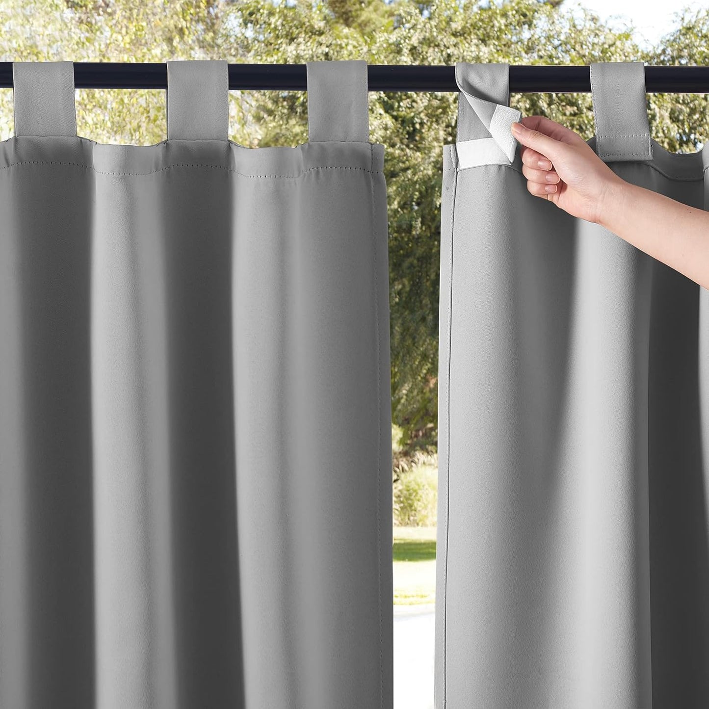 NICETOWN 2 Panels Outdoor Patio Curtainss Waterproof Room Darkening Drapes, Detachable Sticky Tab Top Thermal Insulated Privacy Outdoor Dividers for Porch/Doorway, Biscotti Beige, W52 X L84  NICETOWN Silver Grey W52 X L84 