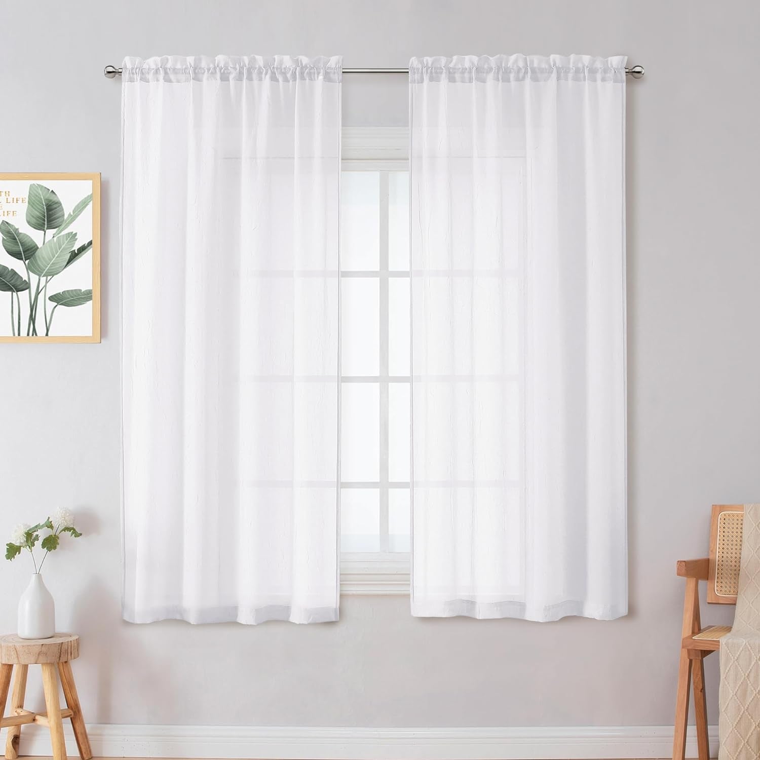 Crushed Sheer White Curtains 63 Inch Length 2 Panels, Light Filtering Solid Crinkle Voile Short Sheer Curtian for Bedroom Living Room, Each 42Wx63L Inches  Chyhomenyc   
