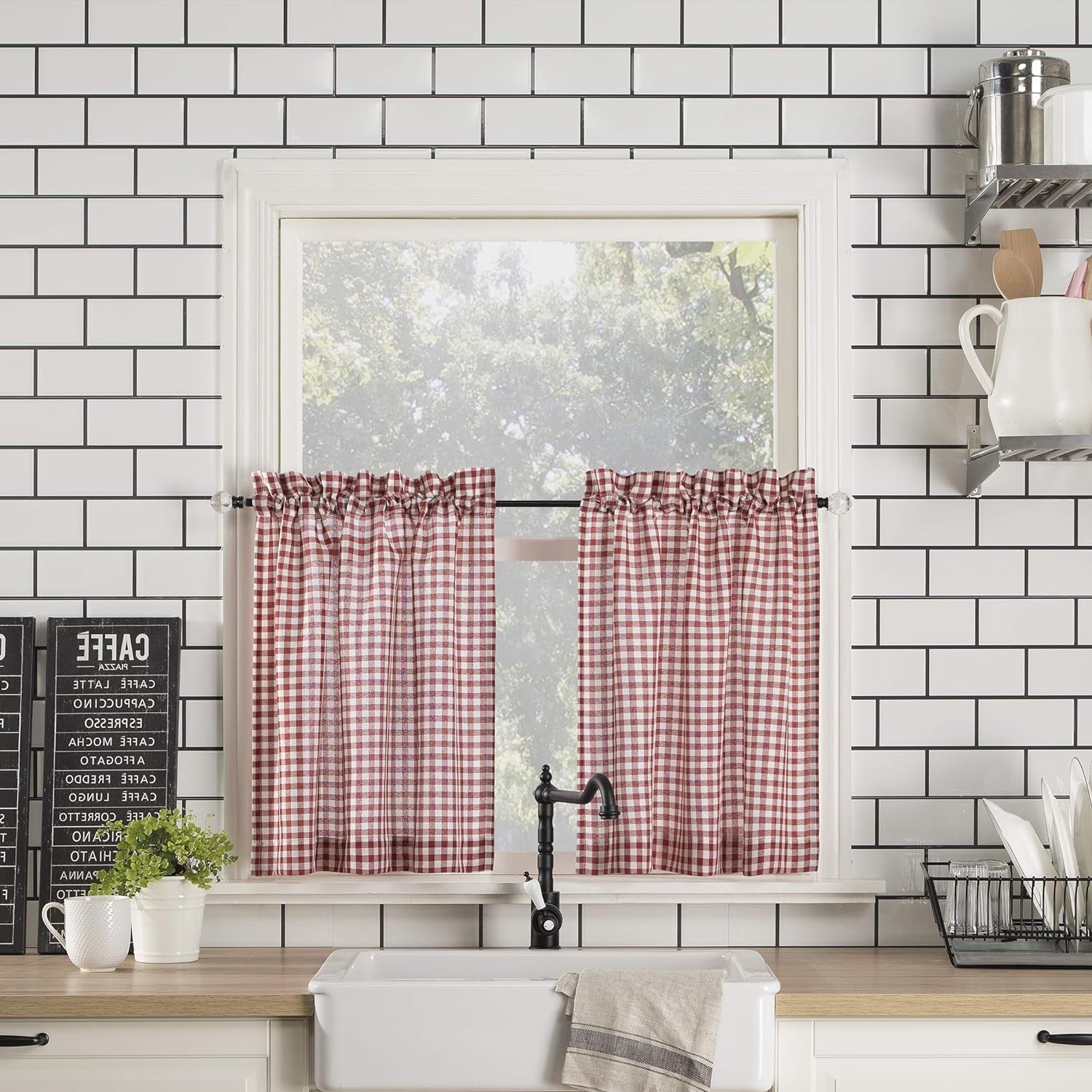 No. 918 Parkham Farmhouse Plaid Semi-Sheer Rod Pocket Kitchen Curtain Valance and Tiers Set, 54" X 24", Red/White