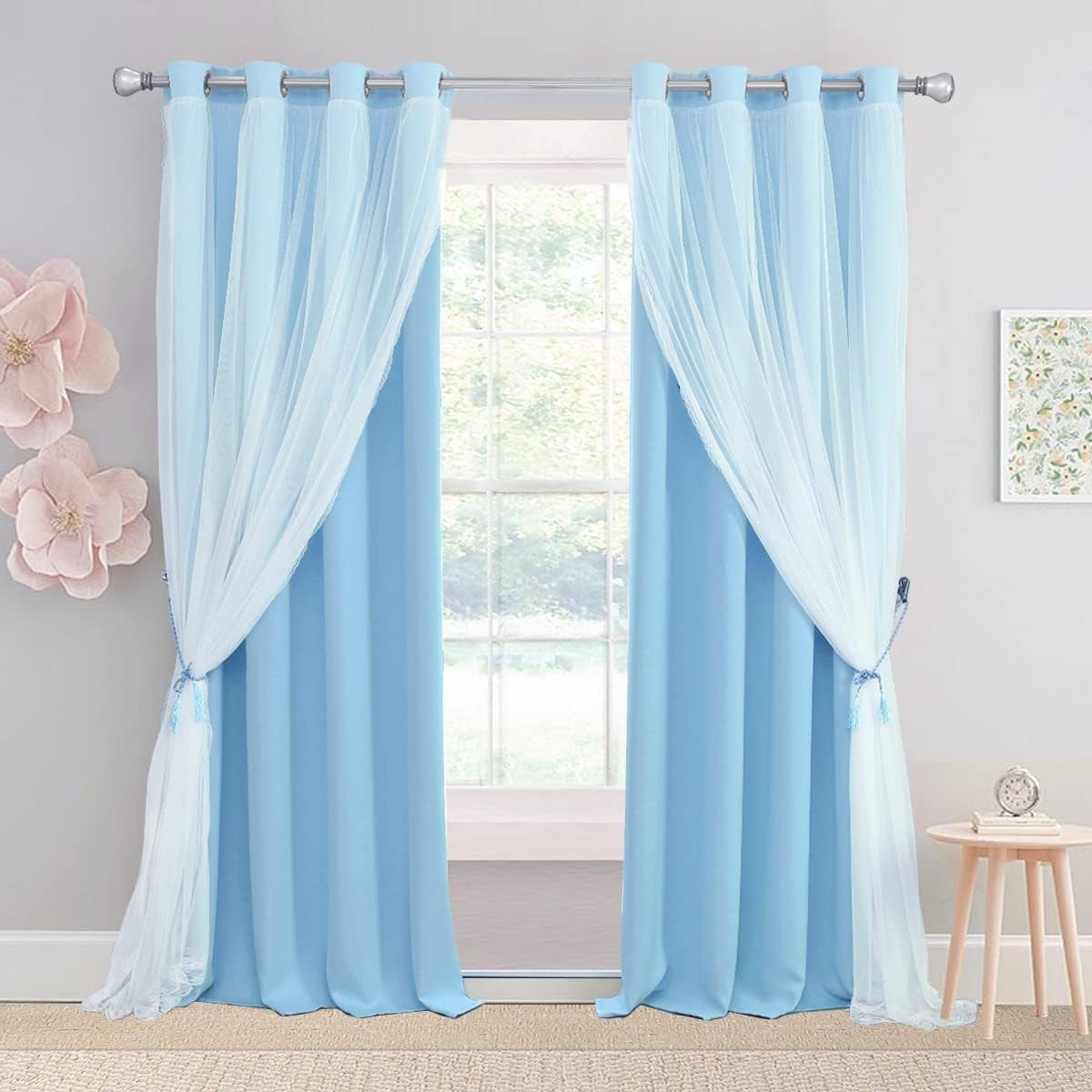 Pink Blackout Curtains 84 Inch Length - Double Layers Princess Girls Curtains & Draperies Panels for Kids Bedroom Living Room Nursery Pink Lace Hem Room Darkening Curtains, 2 Pcs  SOFJAGETQ Sky Blue 52 X 90 