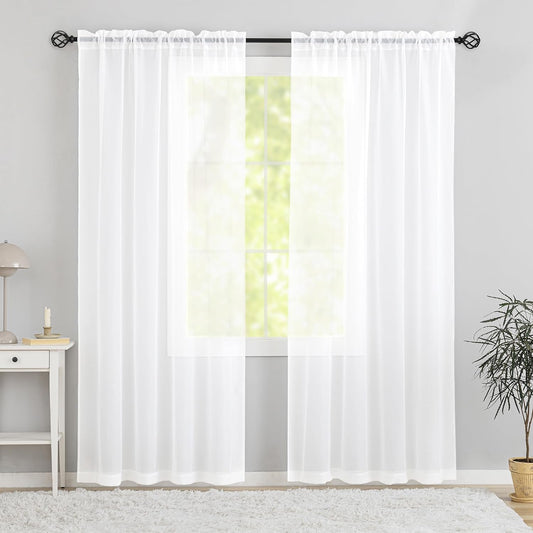 Semi Voile White Sheer Curtains 84 Inches Long 2 Panels Rod Pocket Window Treatment for Living Room Bedroom Dining Room(White 52" W X 84" L)  Karseteli White 52"W X 72"L 