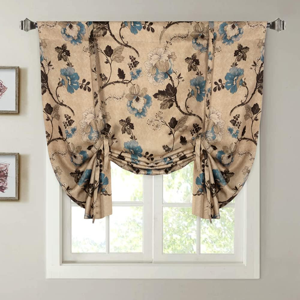 H.VERSAILTEX Thermal Insulated Blackout Curtain Adjustable Tie up Shade Rod Pocket Panel for Small Window-42 Wide by 63" Long-Vintage Floral Pattern in Sage and Brown  H.VERSAILTEX Floral In Brown And Blue  