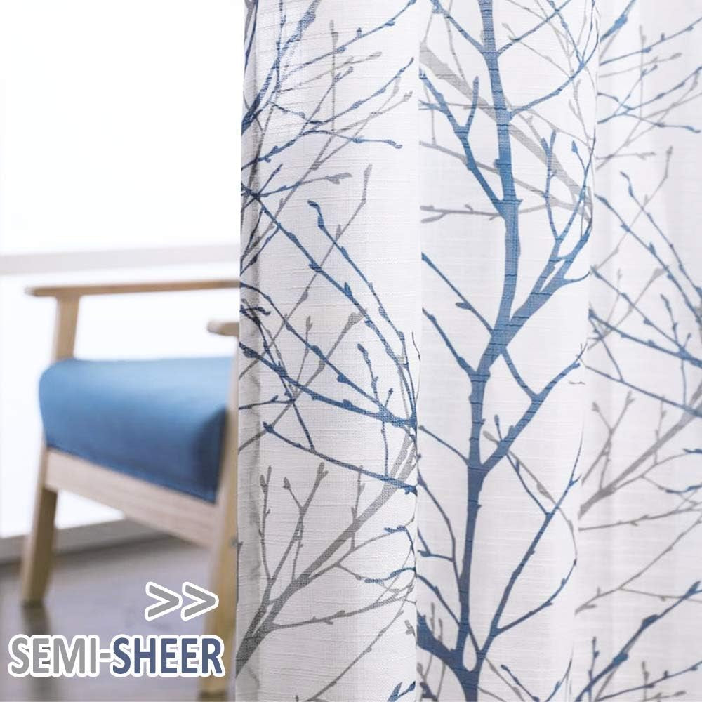 FMFUNCTEX Blue White Curtains for Kitchen Living Room 72“ Grey Tree Branches Print Curtain Set for Small Windows Linen Textured Semi-Sheer Drapes for Bedroom Grommet Top, 2 Panels  Fmfunctex   