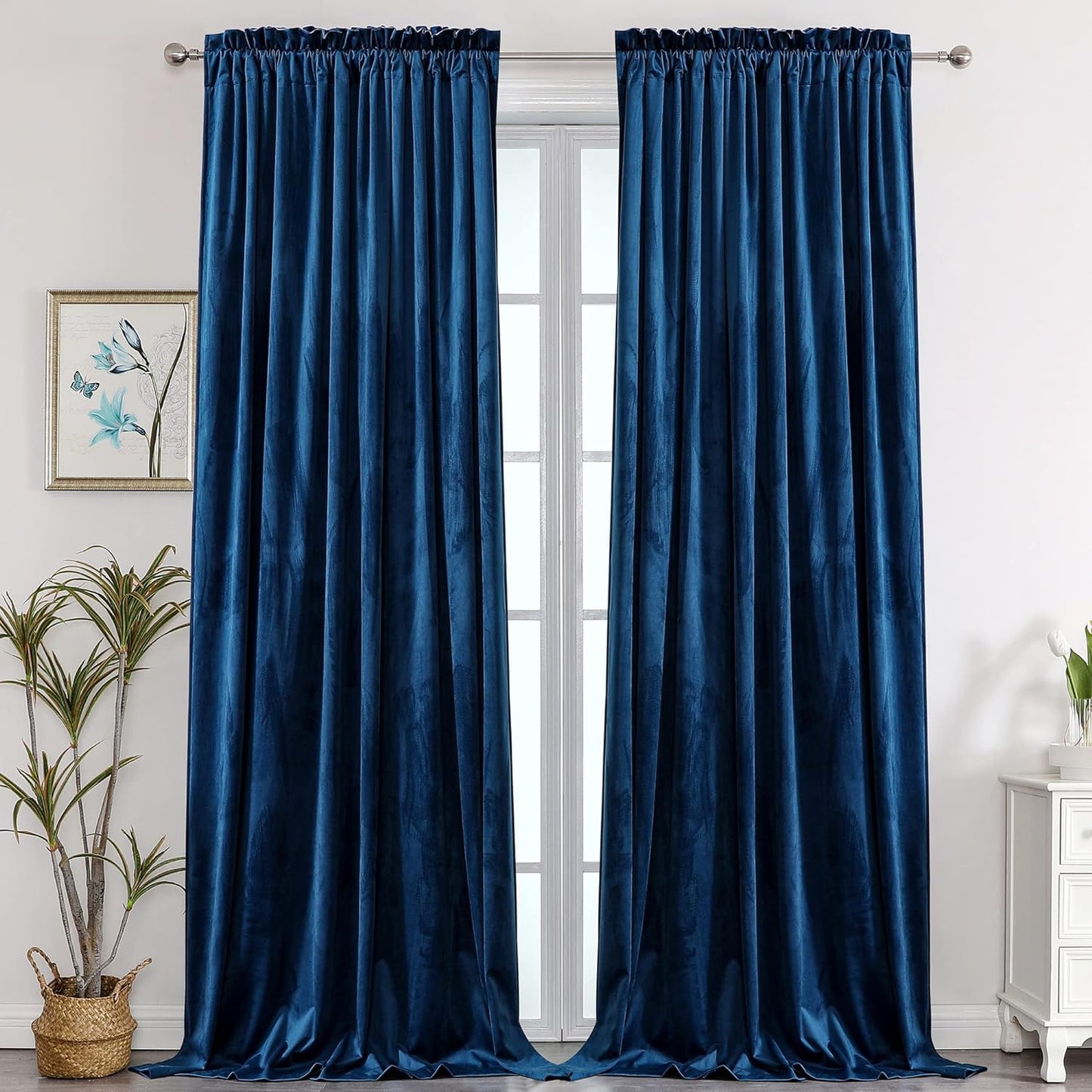 Benedeco Green Velvet Curtains for Bedroom Window, Super Soft Luxury Drapes, Room Darkening Thermal Insulated Rod Pocket Curtain for Living Room, W52 by L84 Inches, 2 Panels  Benedeco Navy W52 * L63 | 2 Panels 