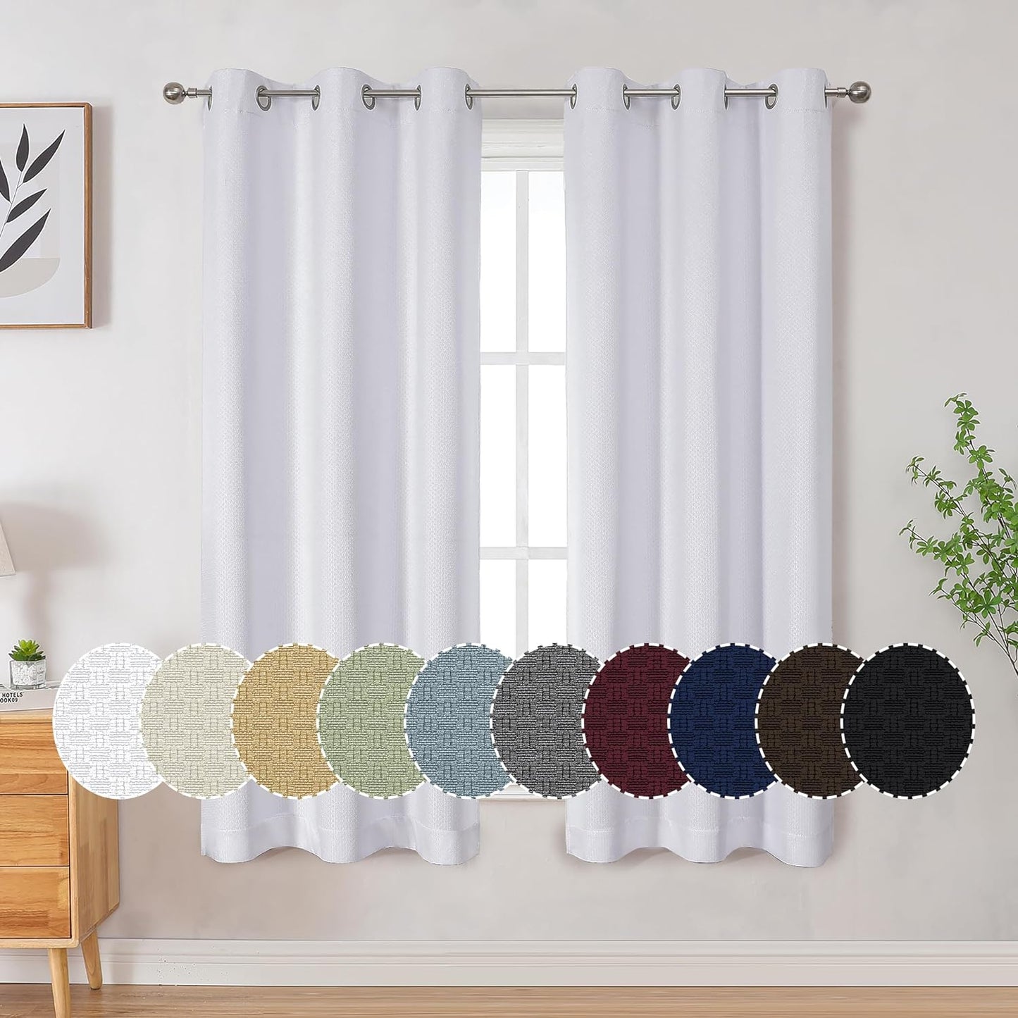 OVZME 100% Black Out Curtains 63 Inch Long 2 Panel Sets for Living Room, Completely Blackout Bedroom Drapes Textured Thermal Insulated Warm Fleece for Winter, Grommet Top, 42W X 63L, Sky Blue  OVZME White 42W X 63L Inch X 2 Panels 
