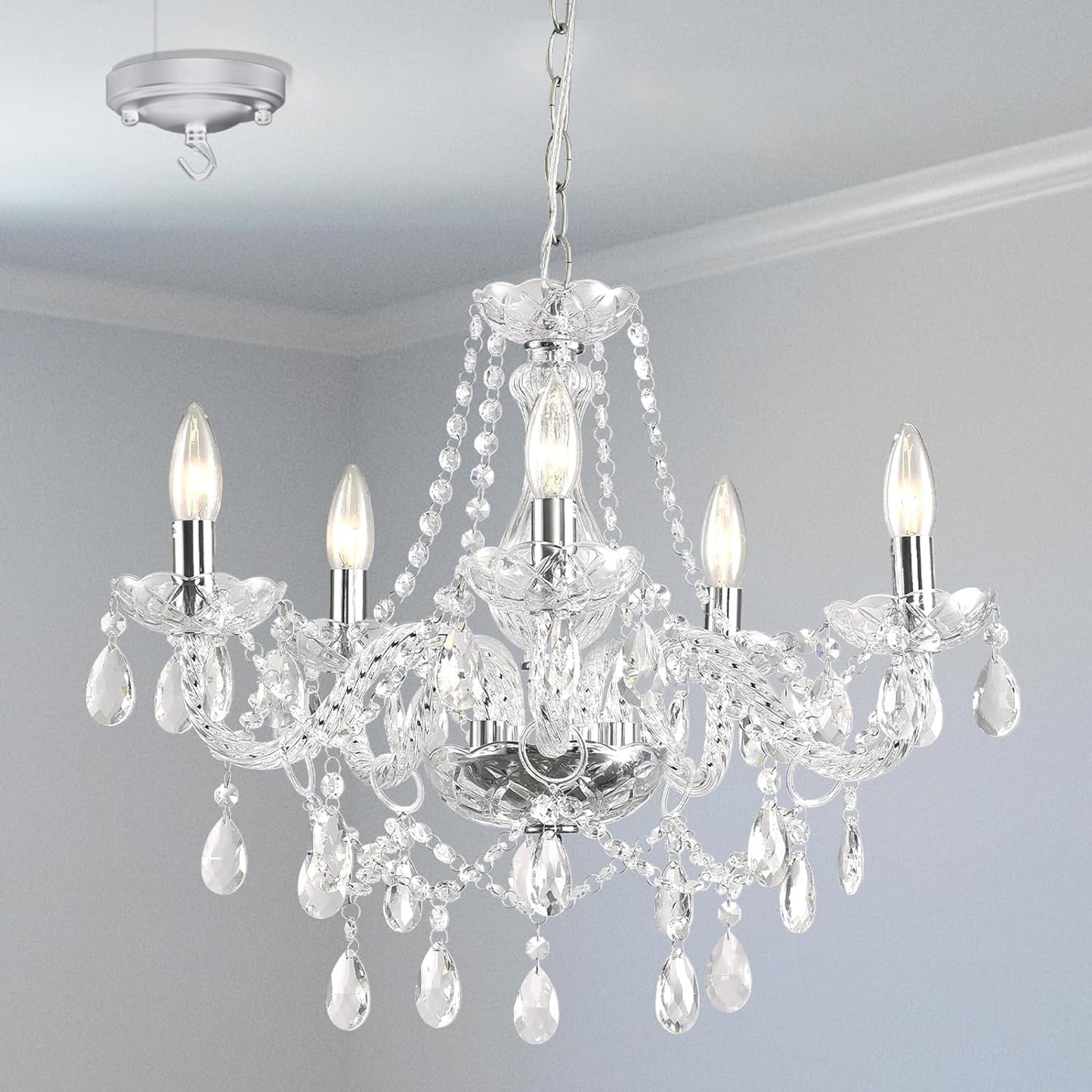 Dimmable Plug-In 5 Light Crystal Chandelier with Cord Glass, Chrome Candle Style Hanging Swag Lighting, K9 Crystals Beads Modern Pendant Light Fixtures Ceiling for Dining Living Room Bedroom