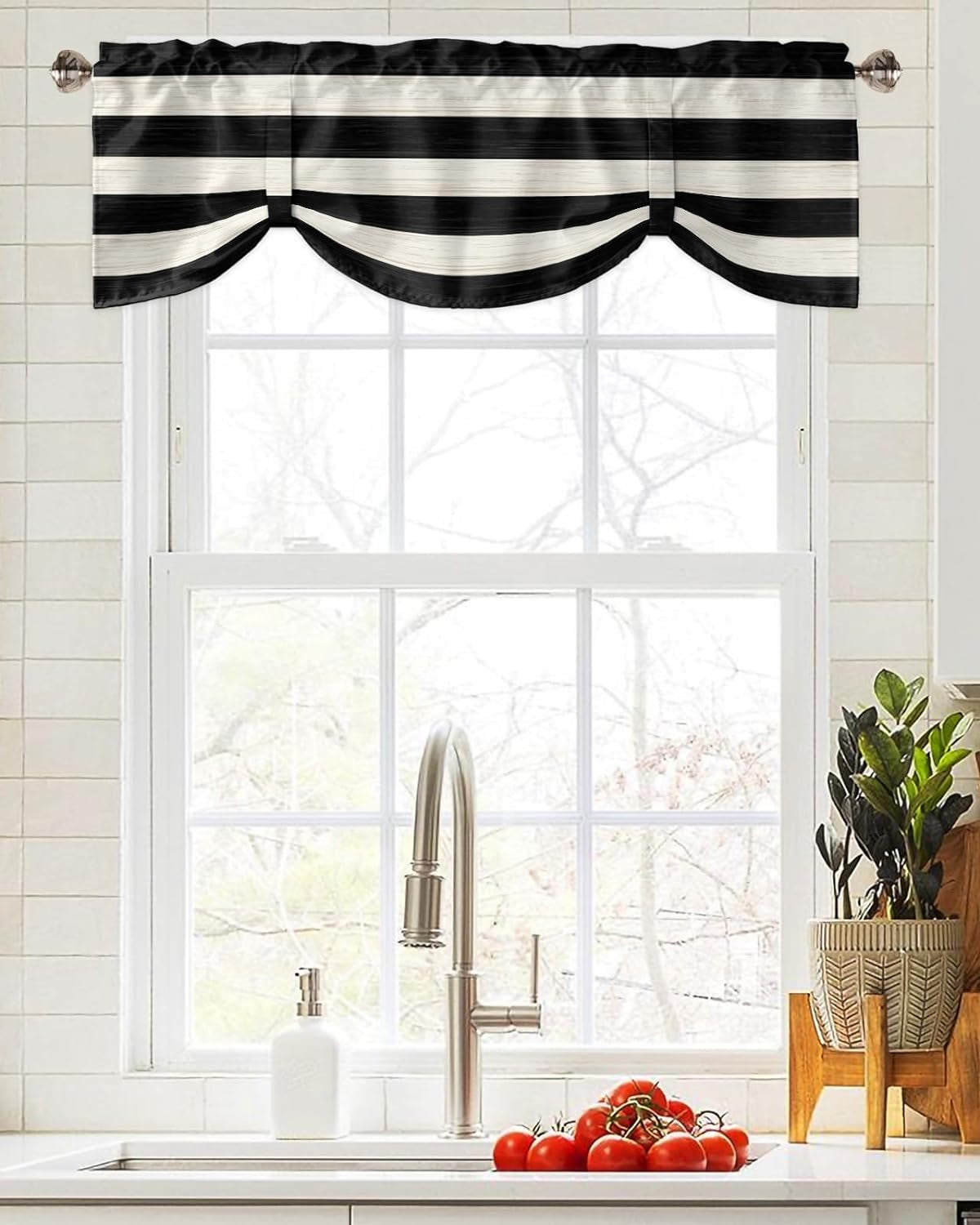 Black and White Stripe Tie up Curtain Valance Window Topper 1 Panel 42X18In,Wood Board Texture Adjustable Rod Pocket Short Window Shade Valances for Kitchen Bedroom Windows