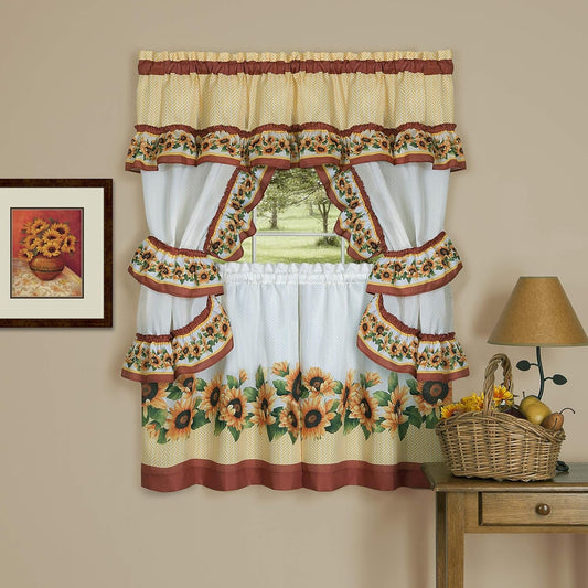 5-Pieces Window Kitchen Curtain Set, 57"W X 36"L Tier Panels, Valance with Attached Swag and Tiebacks Sunflower Cottage Set, Ruffled Window Cafe Curtains, Perfect Window Treatment, Spice