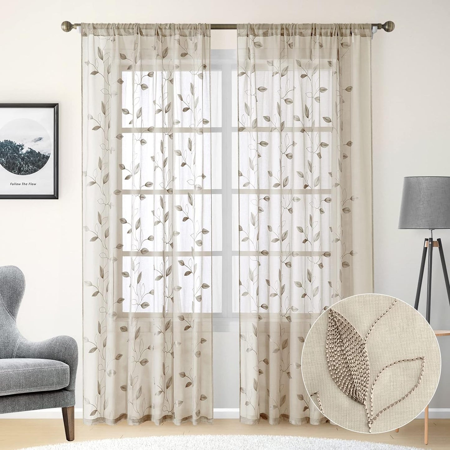 HOMEIDEAS Sage Green Sheer Curtains 52 X 63 Inches Length 2 Panels Embroidered Leaf Pattern Pocket Faux Linen Floral Semi Sheer Voile Window Curtains/Drapes for Bedroom Living Room  HOMEIDEAS 2-Taupe/Beige W52" X L96" 