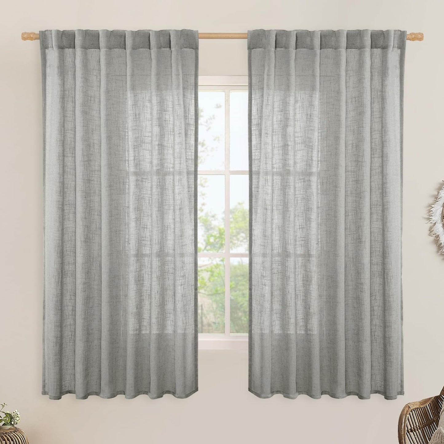 LAMIT Natural Linen Blended Curtains for Living Room, Back Tab and Rod Pocket Semi Sheer Curtains Light Filtering Country Rustic Drapes for Bedroom/Farmhouse, 2 Panels,52 X 108 Inch, Linen  LAMIT Grey 52W X 63L 