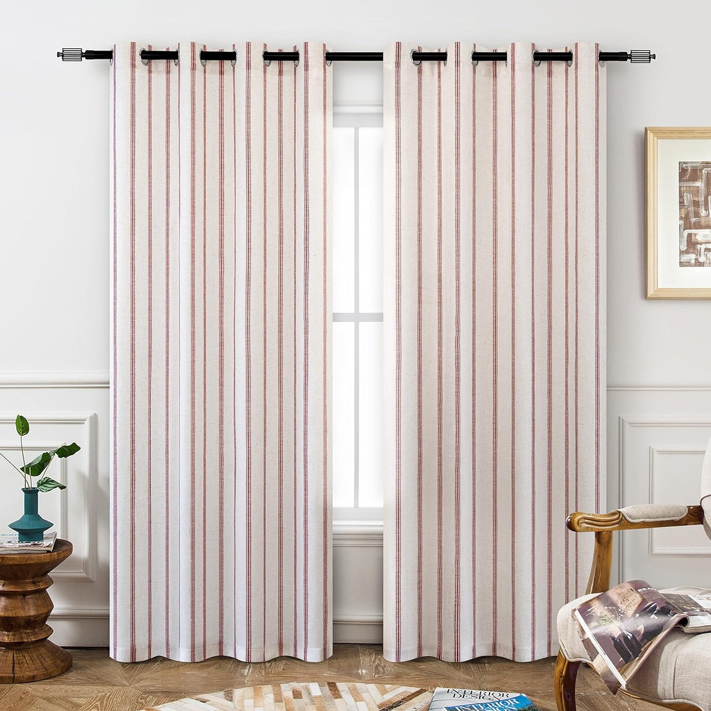Driftaway Farmhouse Linen Blend Blackout Curtains 84 Inches Long for Bedroom Vertical Striped Printed Linen Curtains Thermal Insulated Grommet Lined Treatments for Living Room 2 Panels W52 X L84 Grey  DriftAway Red 52"X84" 