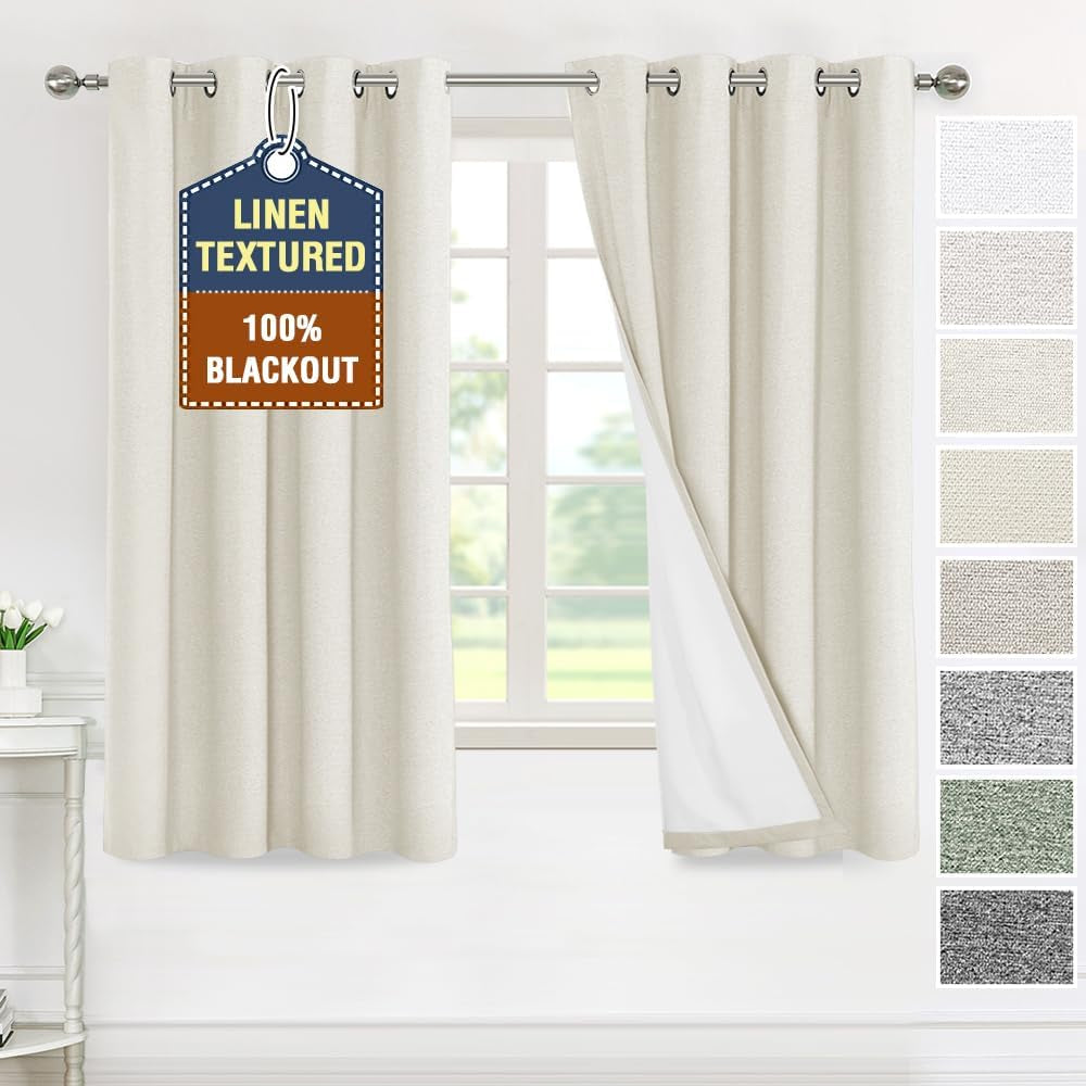 H.VERSAILTEX Linen Curtains Grommeted Total Blackout Window Draperies with Linen Feel, Thermal Liner for Energy Saving 100% Blackout Curtains for Bedroom 2 Panel Sets, 52X96 Inch, Ultimate Gray  H.VERSAILTEX Pale Oak 52"W X 63"L 