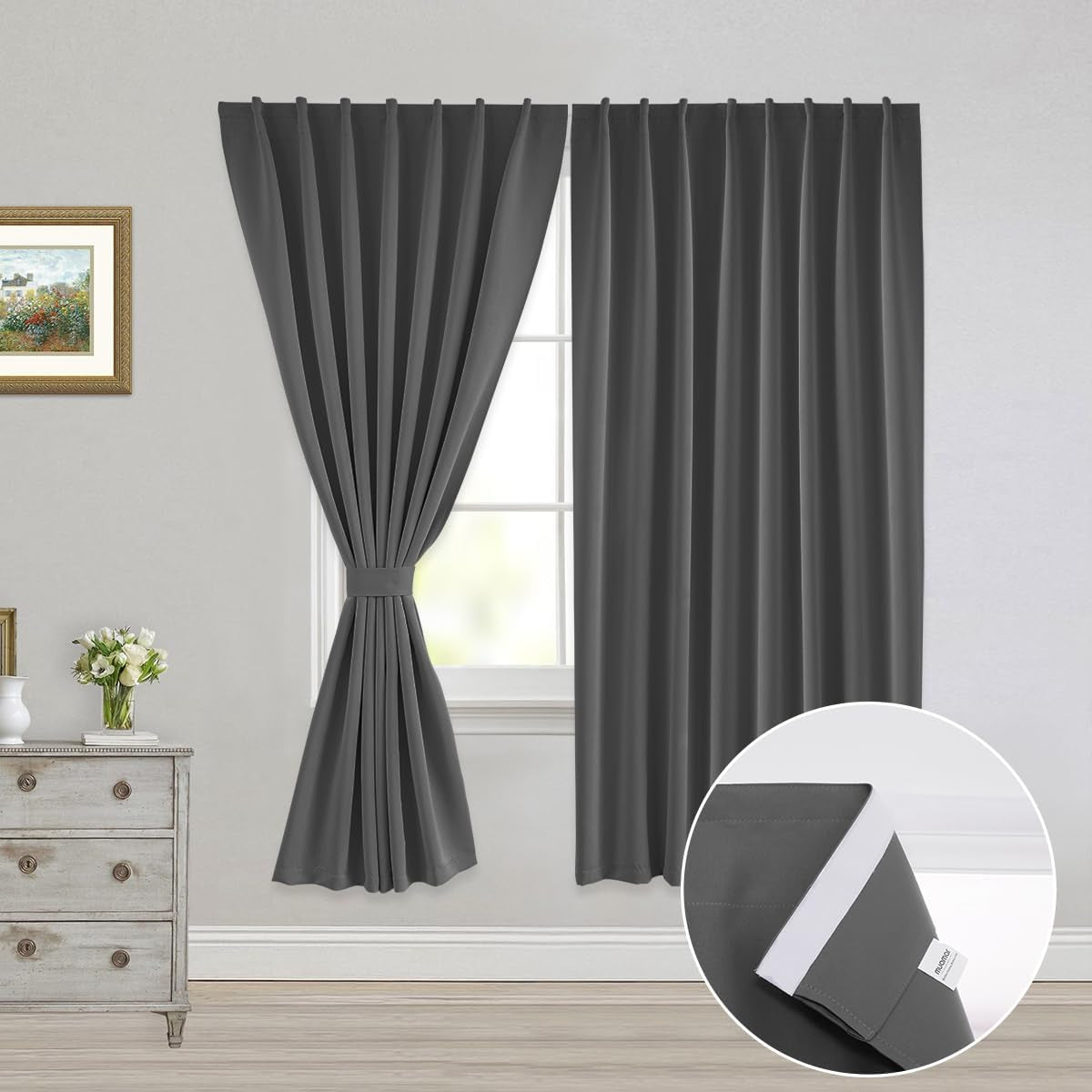 Muamar 2Pcs Blackout Curtains Privacy Curtains 63 Inch Length Window Curtains,Easy Install Thermal Insulated Window Shades,Stick Curtains No Rods, Black 42" W X 63" L  Muamar Grey 52"W X 63"L 