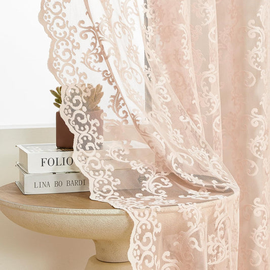 Blush Pink Lace Curtains 84 Inches Long 2 Panels Vintage French Floral Sheer Curtains for Living Room Bedroom Victorian Paisley Drapes Rod Pocket Light Filtering Crochet Window Decor, 52X84  FOLKSIDE Blush Pink W52''Xl63'' 