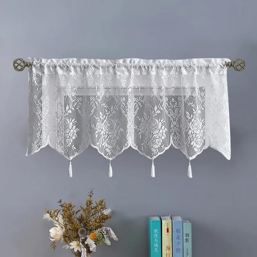 Elegant White Floral Lace Kitchen Curtains Valances - Chic Half Window Sheer Curtains 52 X 18 Inches for Small Window in Living Room & Café