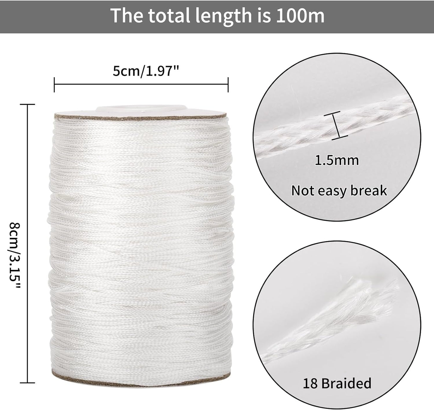 1.5Mm White Nylon Cord Wind Chime String, 110 Yards Braided Lift Shade Cord Replacement, Windows Roman Rollers Repair, Nylon Bracelets String for DIY Crafts, Chinese Knotting, Gardening Plant