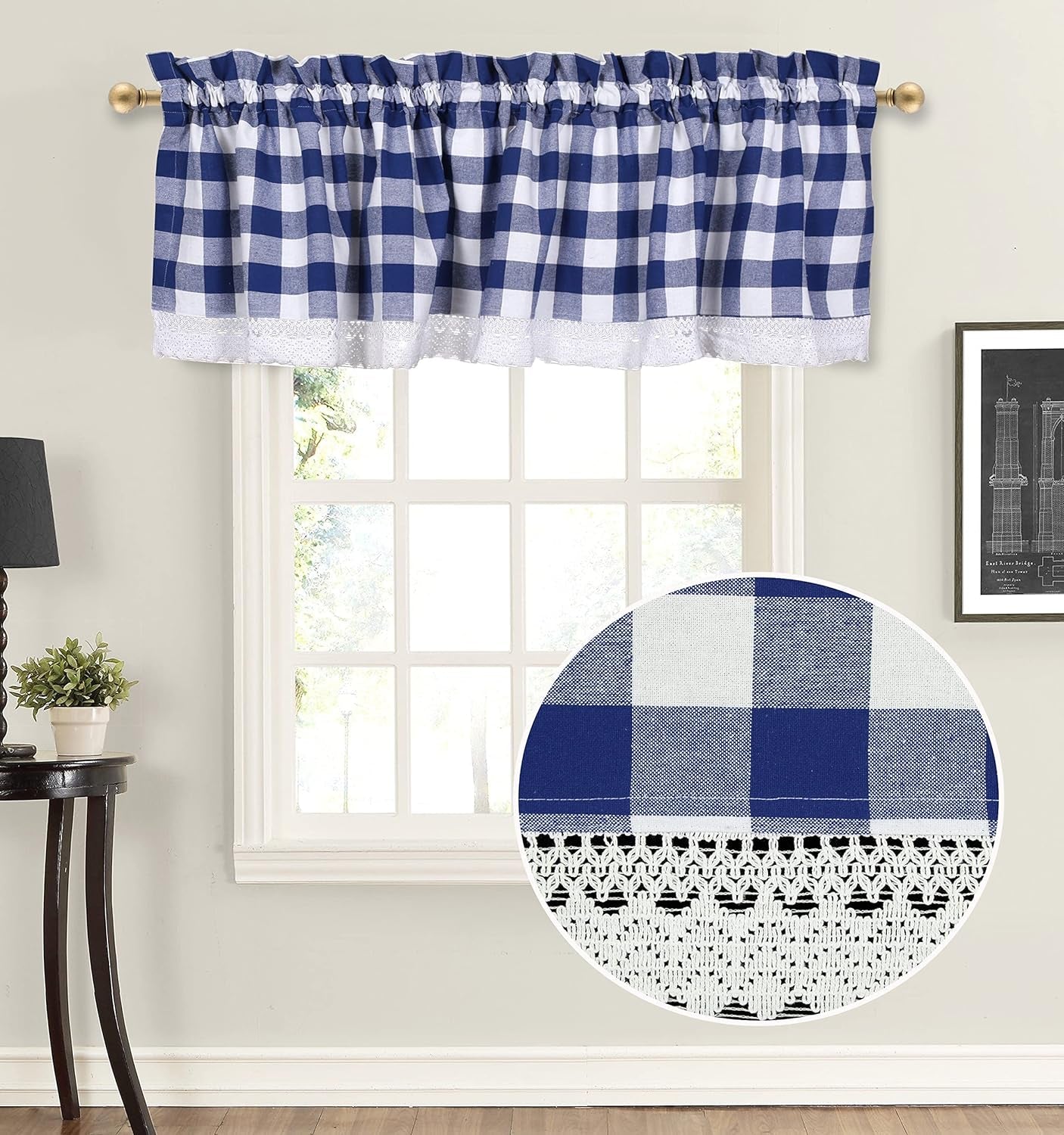 Navy and White Valance, Valances, Navy Check Valance, 2 Inch Rod Pocket Valances for Windows, Valance for Kitchen, Bath, Bed and Dining Room, 2Pack Gingham Check Valance with Lace-16X72 Inch