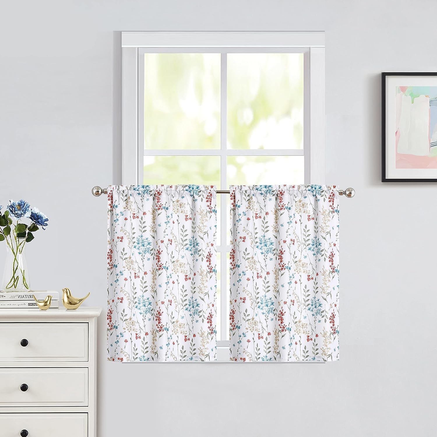 Blue Colorful Floral Tie up Kitchen Curtain Valance Botanical Flower Leaves Print, Farmhouse Rod Pocket Small Curtains for Kitchen Cafe Bathroom Window Treatment, 56" X 15", Watercolor, 1 Panel
