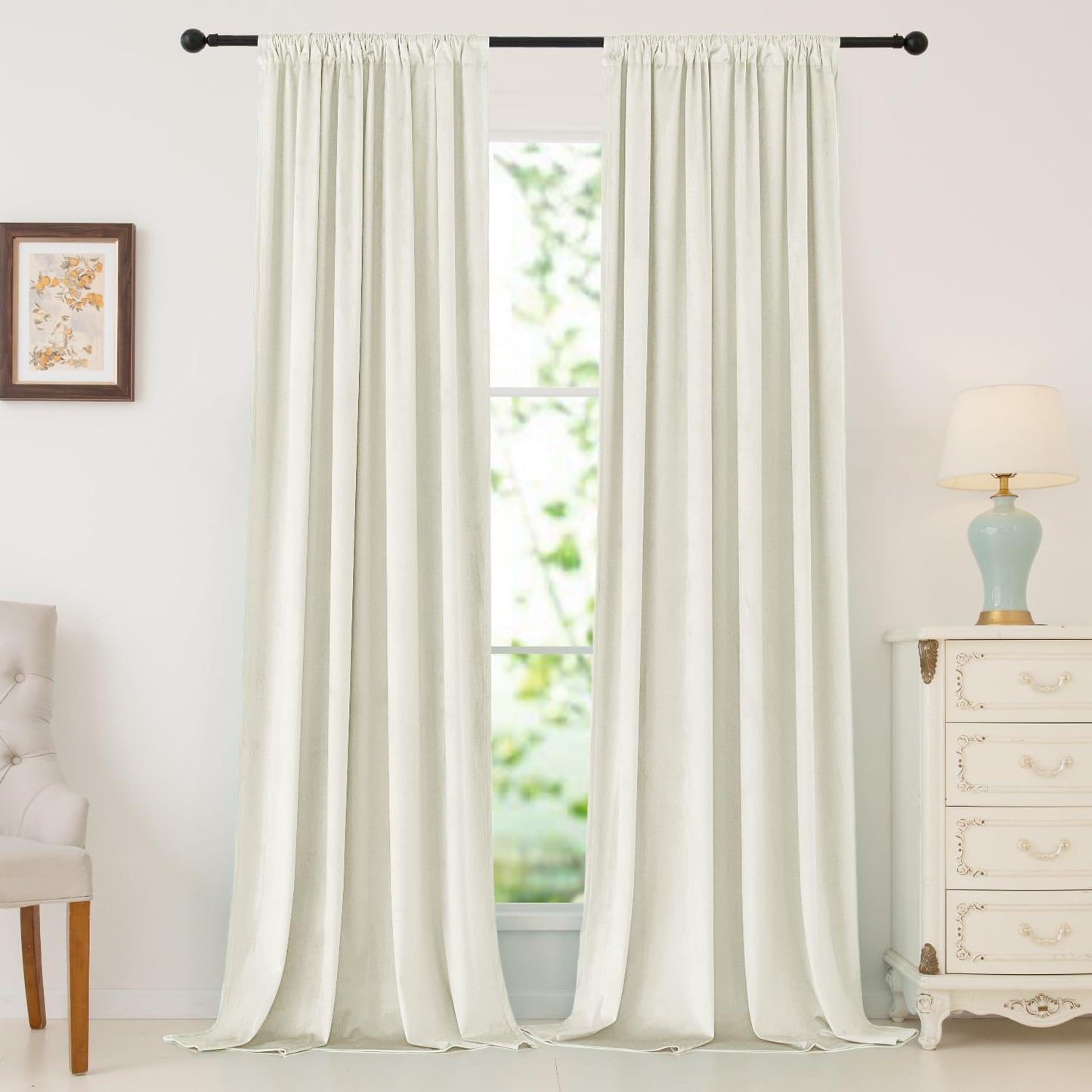 Nanbowang Green Velvet Curtains 63 Inches Long Dark Green Light Blocking Rod Pocket Window Curtain Panels Set of 2 Heat Insulated Curtains Thermal Curtain Panels for Bedroom  nanbowang Cream 52"X108" 
