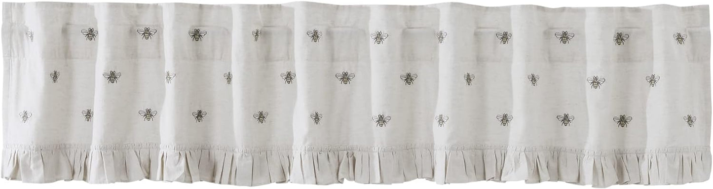 VHC Brands Embroidered Bee, Farmhouse Café Tier Curtain, Ruffled, Creme Yellow Grey, 24X36, Set of 2  VHC Brands Valance 16X90  