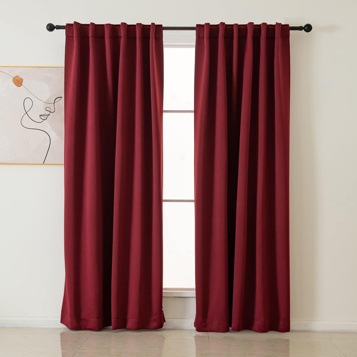 Pickluc Blackout Curtains 96 Inches Long 2 Panels, Black Out Drapes for Bedroom or Living Room, Back Tab and Rod Pocket Top, Set of Two, Dark Grey, 52" Wide and 96" Length.  Pickluc Burgundy Red 52"W X 96"L 