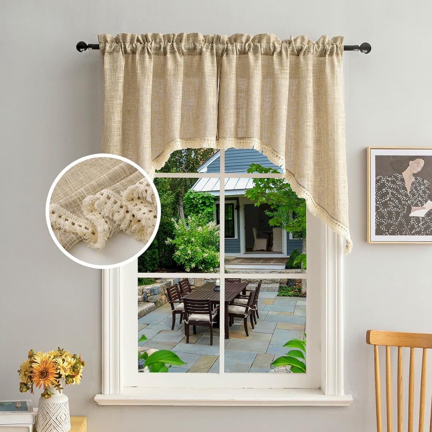 Beda Home Tassel Linen Textured Swag Curtain Valance for Farmhouses’ Kitchen; Light Filtering Rustic Short Swag Topper for Small Windows Bedroom Privacy Added Rod Pocket Design(Nature 36X63-2Pcs)  BD BEDA HOME Taupe 36Wx36L - 2 Panels 