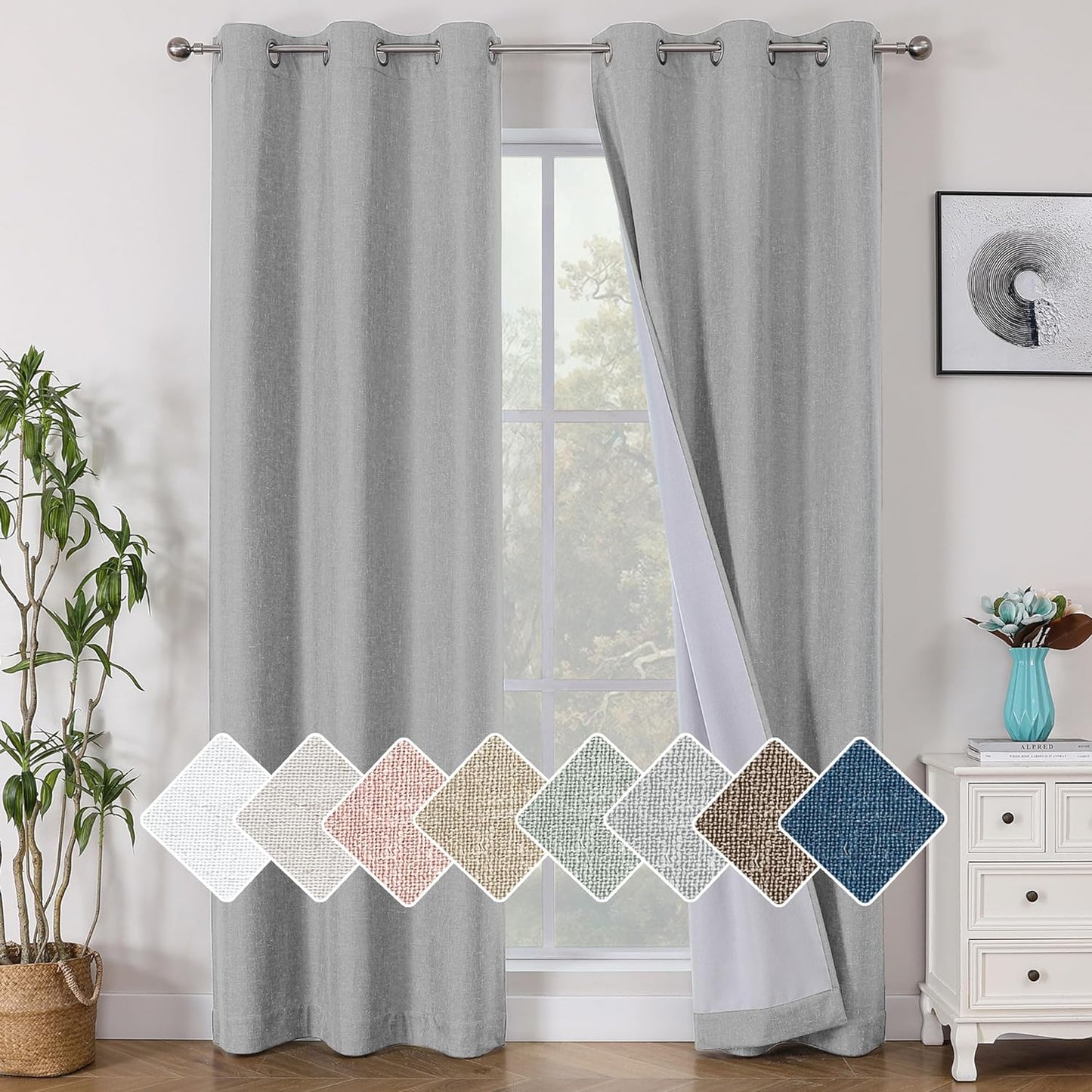 Jenny Ivory Beige Textured Linen 100% Blackout Curtains 63 Inch Length 2 Panels, Energy Saving Window Treatment Heavy Curtain Drapes for Bedroom/Living Room, Burlap Fabric Curtains, 38W  Simplebrand Grey 38"W X 96"L 