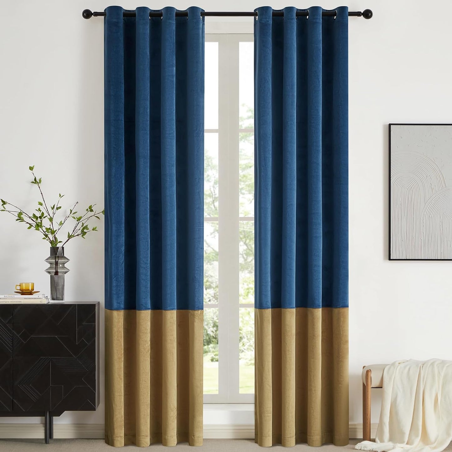BULBUL Color Block Window Curtains Panels 84 Inches Long Cream Ivory Gold Velvet Farmhouse Drapes for Bedroom Living Room Darkening Treatment with Grommet Set of 2  BULBUL Navy Blue  Gold 52"W X 84"L 