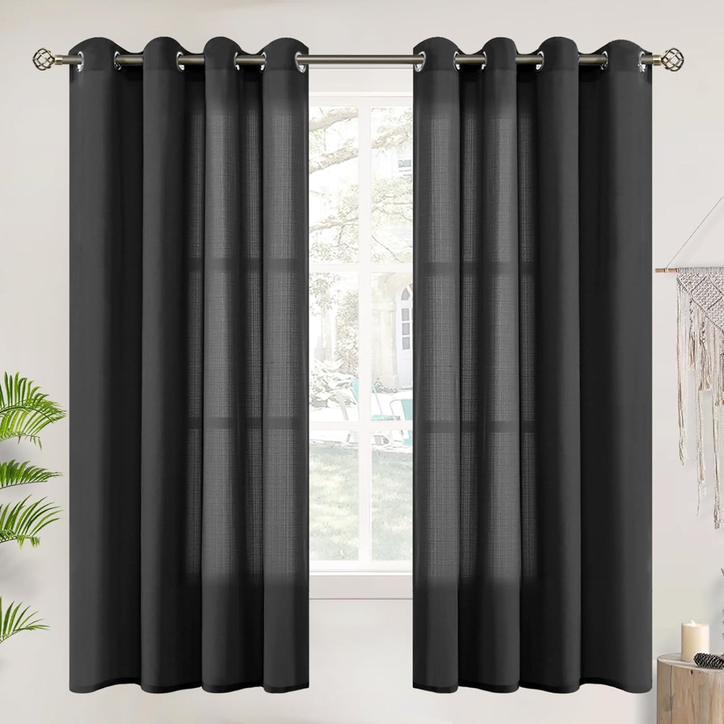 Bgment Natural Linen Look Semi Sheer Curtains for Bedroom, 52 X 54 Inch White Grommet Light Filtering Casual Textured Privacy Curtains for Bay Window, 2 Panels  BGment Black 52W X 63L 