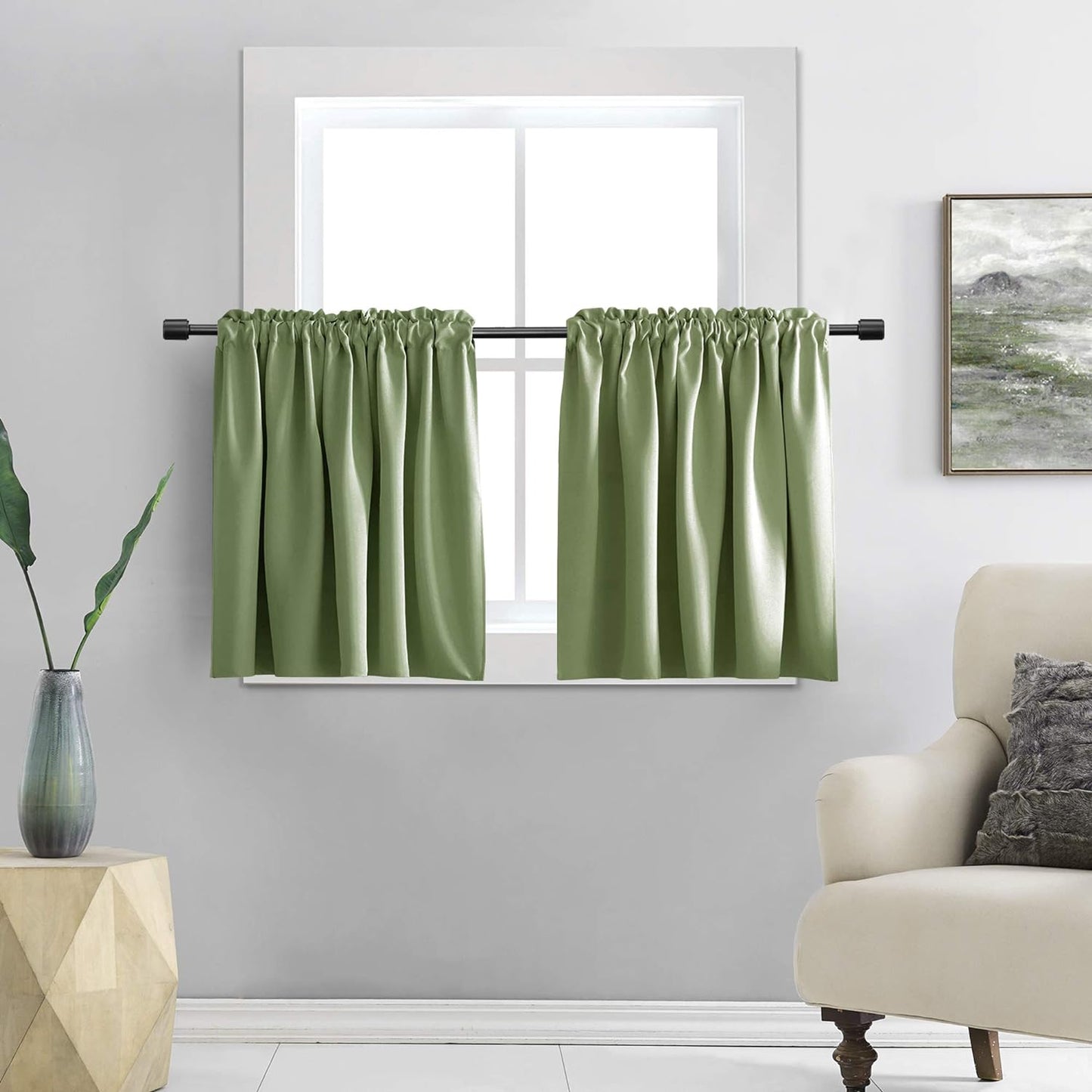 DONREN 24 Inch Length Curtains- 2 Panels Blackout Thermal Insulating Small Curtain Tiers for Bathroom with Rod Pocket (Black,42 Inch Width)  DONREN Sage Green 42" X 30" 
