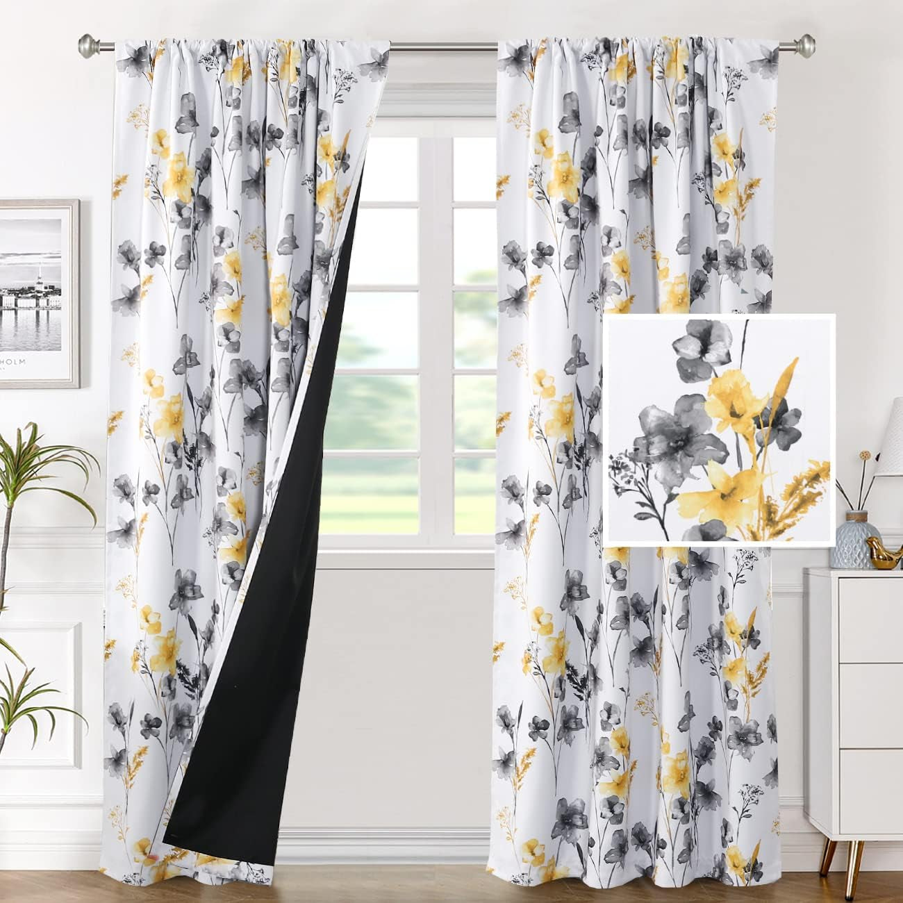 H.VERSAILTEX 100% Blackout Curtains for Bedroom Cattleya Floral Printed Drapes 84 Inches Long Leah Floral Pattern Full Light Blocking Drapes with Black Liner Rod Pocket 2 Panels, Navy/Taupe  H.VERSAILTEX Grey/Yellow 52"W X 84"L 