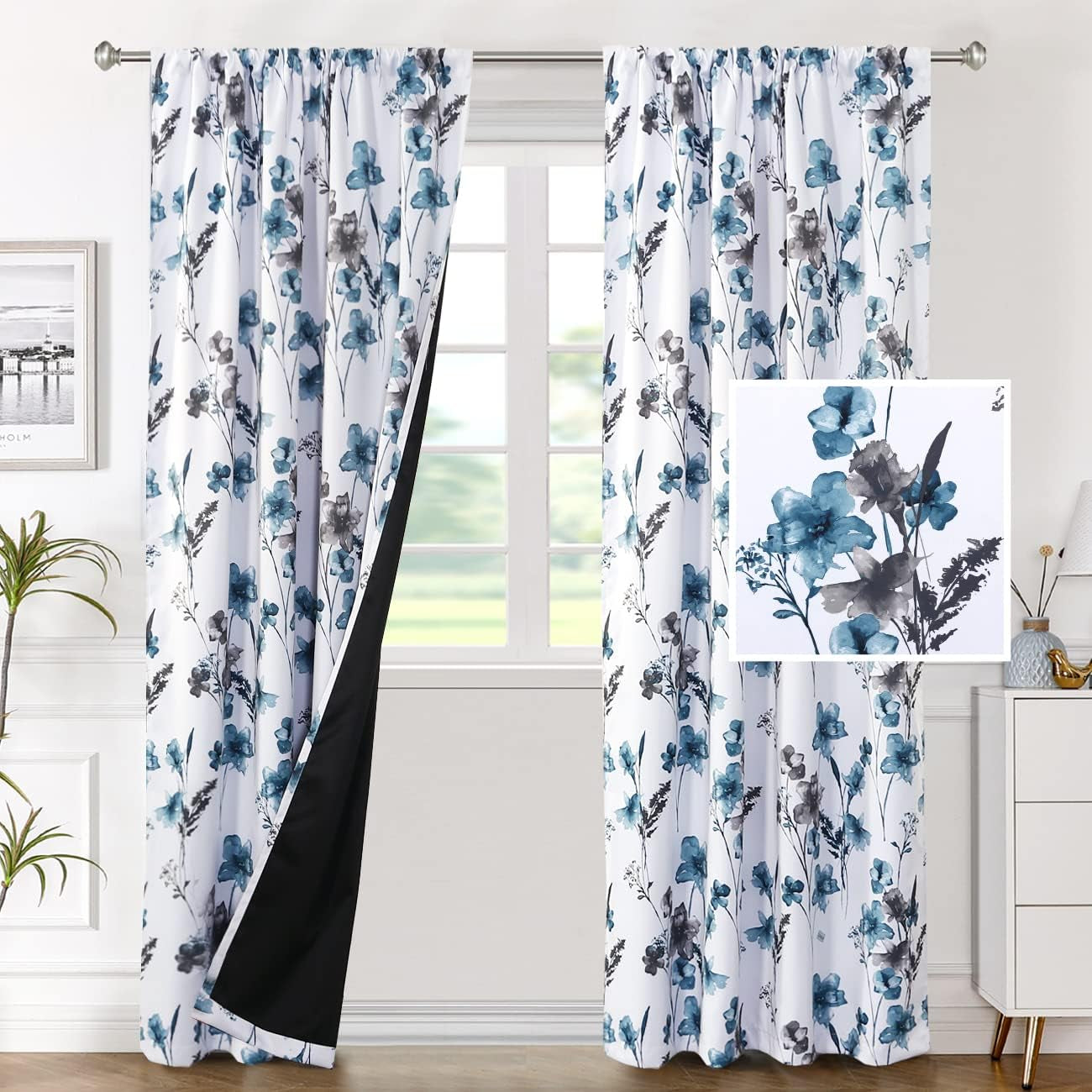 H.VERSAILTEX 100% Blackout Curtains for Bedroom Cattleya Floral Printed Drapes 84 Inches Long Leah Floral Pattern Full Light Blocking Drapes with Black Liner Rod Pocket 2 Panels, Navy/Taupe  H.VERSAILTEX Grey/Blue 52"W X 84"L 