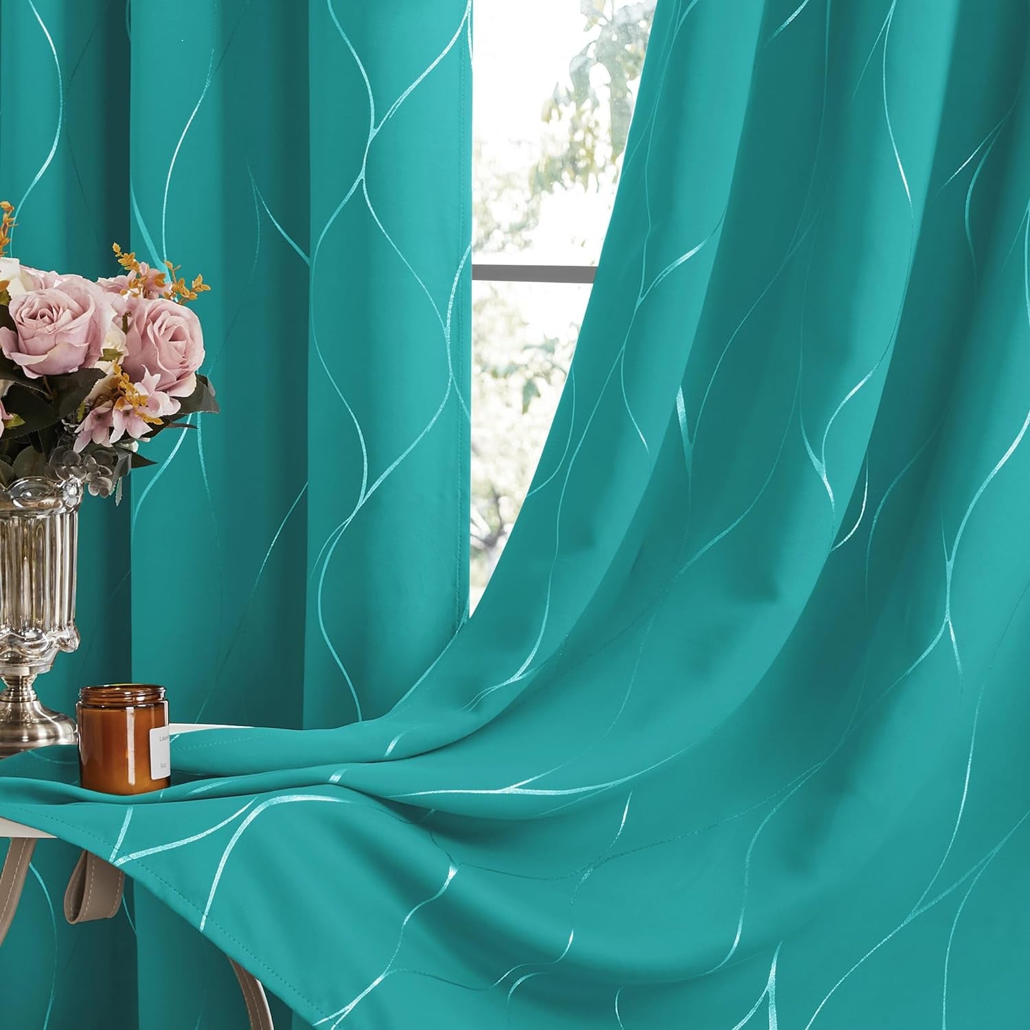 Deconovo Blackout Curtains with Foil Wave Pattern, Grommet Curtain Room Darkening Window Panels, Thermal Insulated Curtain Drapes for Nursery Room (42W X 54L Inch, 2 Panels, Turquoise)  DECONOVO   