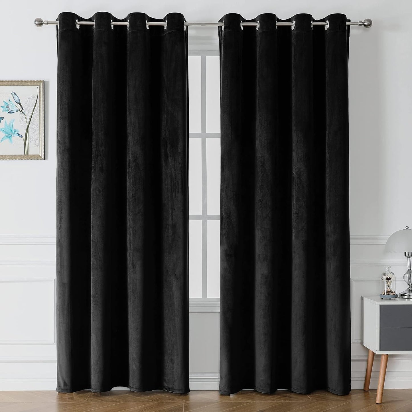 Victree Velvet Curtains for Bedroom, Blackout Curtains 52 X 84 Inch Length - Room Darkening Sun Light Blocking Grommet Window Drapes for Living Room, 2 Panels, Navy  Victree Black 52 X 96 Inches 