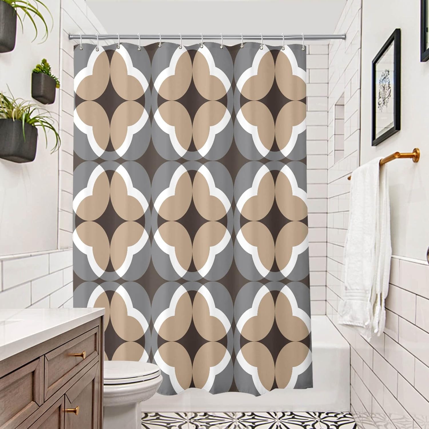 Brown Fabric Shower Curtains for Bathroom, Rustic Decorative Shower Curtain, Abstract Tan Grey White Beige Geometric Pattern Bath Curtains for Bathroom, Brown Design Bathroom Decor Set with Hooks