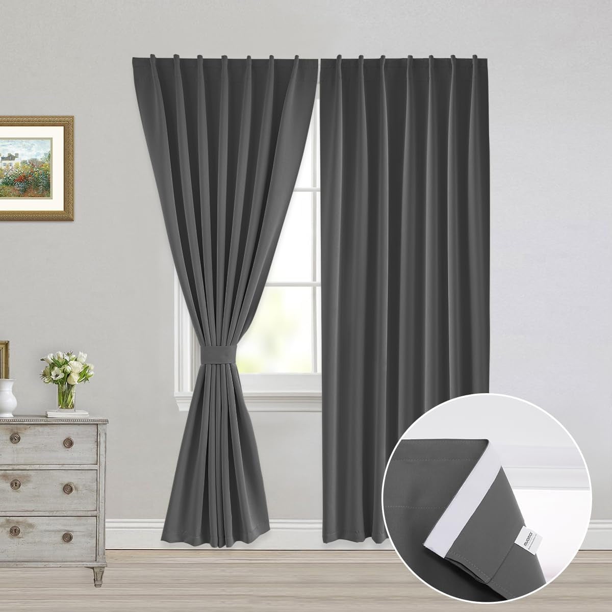Muamar 2Pcs Blackout Curtains Privacy Curtains 63 Inch Length Window Curtains,Easy Install Thermal Insulated Window Shades,Stick Curtains No Rods, Black 42" W X 63" L  Muamar Grey 42"W X 84"L 
