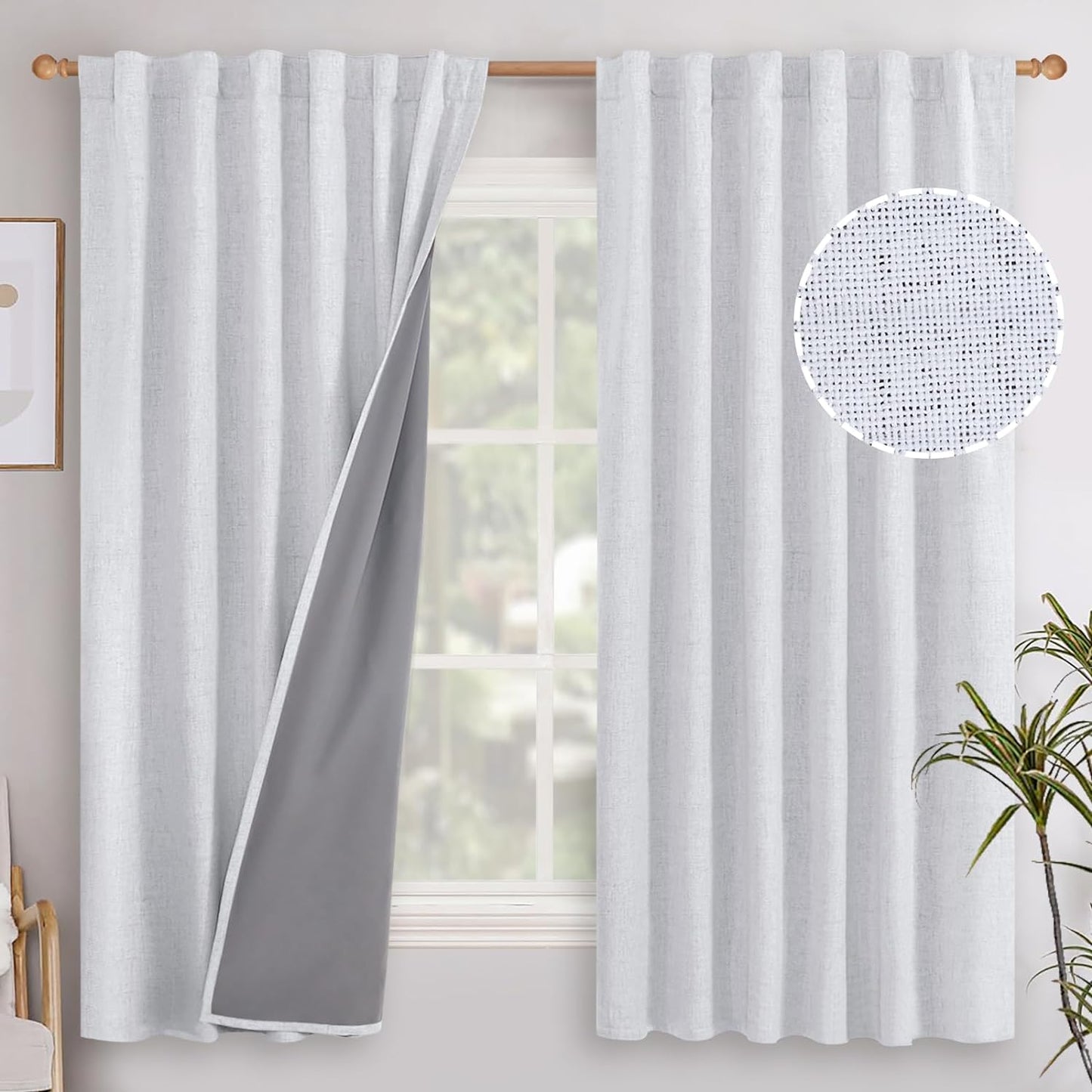 Youngstex Linen Blackout Curtains 63 Inch Length, Grommet Darkening Bedroom Curtains Burlap Linen Window Drapes Thermal Insulated for Basement Summer Heat, 2 Panels, 52 X 63 Inch, Beige  YoungsTex Back Tab/White 52W X 63L 