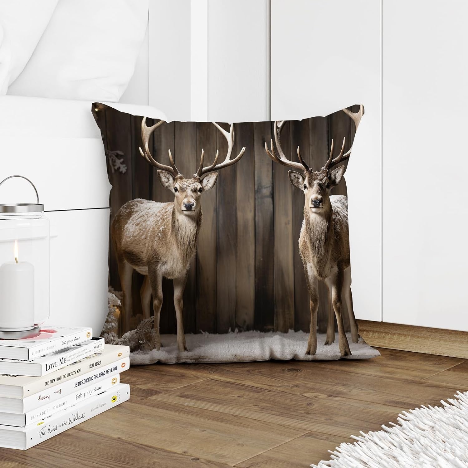 Cabin Throw Pillows for Couch Board Realistic Farmhouse Vintage Deer Winter Snow Brown Velvet Home Decor Patio Indoor Car Outdoor Porch Bedding Home Sofa Pillows for Living Room 16X16Inch