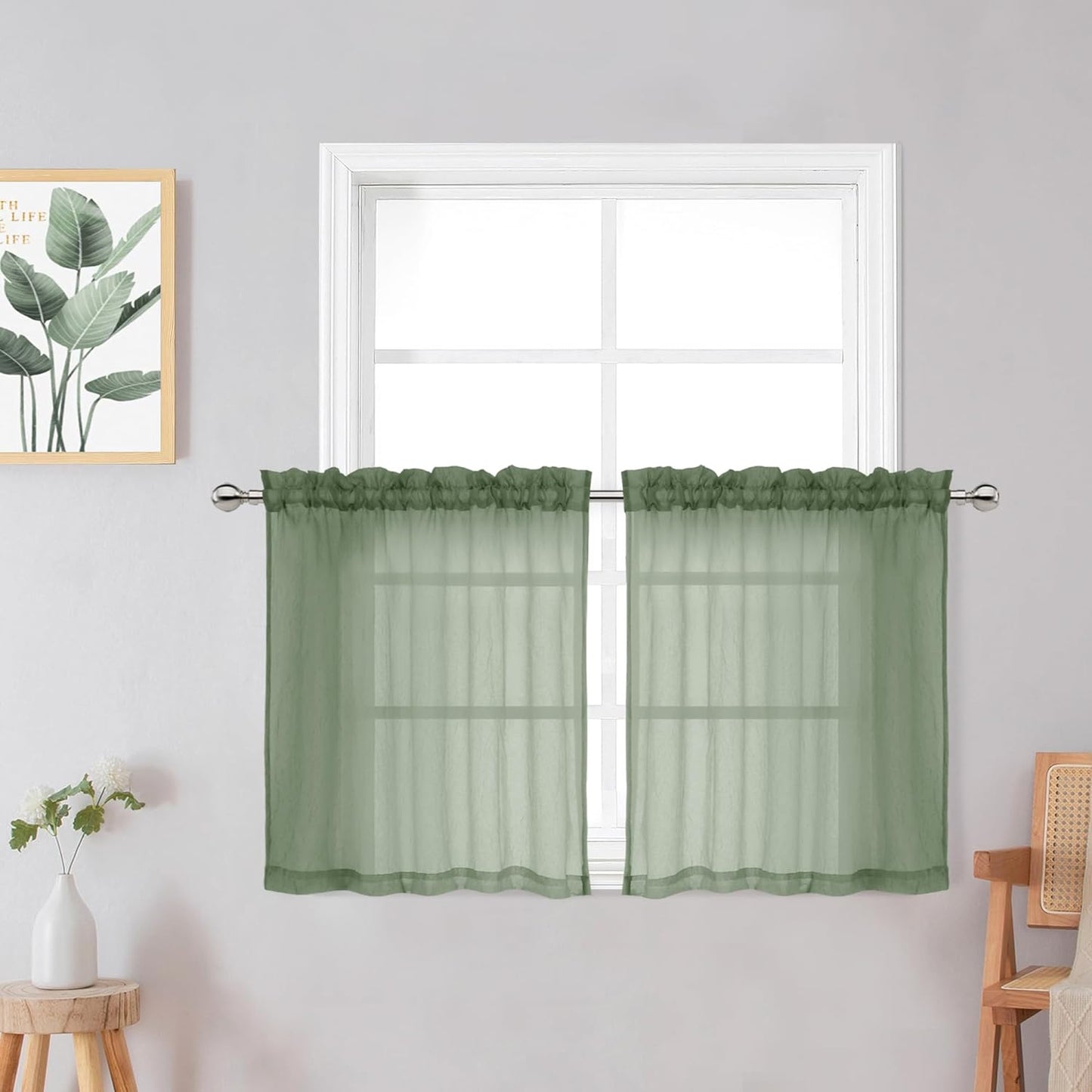 Chyhomenyc Crushed White Sheer Valances for Window 14 Inch Length 2 PCS, Crinkle Voile Short Kitchen Curtains with Dual Rod Pockets，Gauzy Bedroom Curtain Valance，Each 42Wx14L Inches  Chyhomenyc Sage Green 42 W X 24 L 