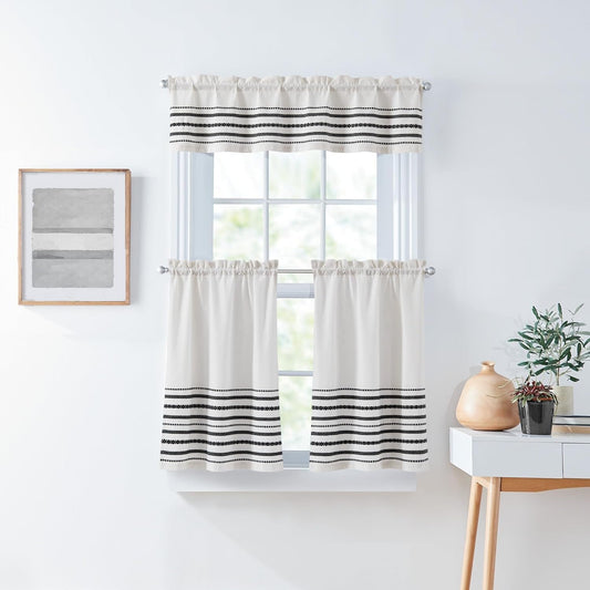 Curtainworks Boho Kitchen Curtains Tier and Valance Set 3-Piece, Light Filtering, Global Woven Striped, 28W X 36L Tier Pair, 56W X 14L Valance, White Black Stripe