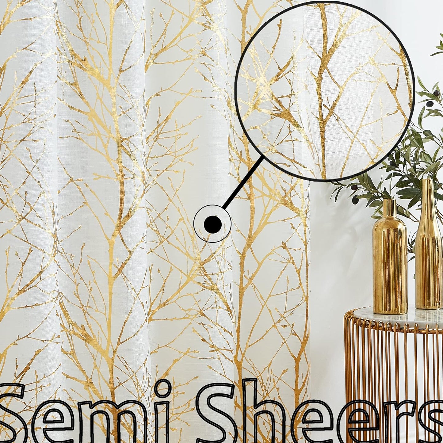 FMFUNCTEX Blue White Curtains for Kitchen Living Room 72“ Grey Tree Branches Print Curtain Set for Small Windows Linen Textured Semi-Sheer Drapes for Bedroom Grommet Top, 2 Panels  Fmfunctex Semi-Sheer: White + Foil Gold 50" X 84" |2Pcs 
