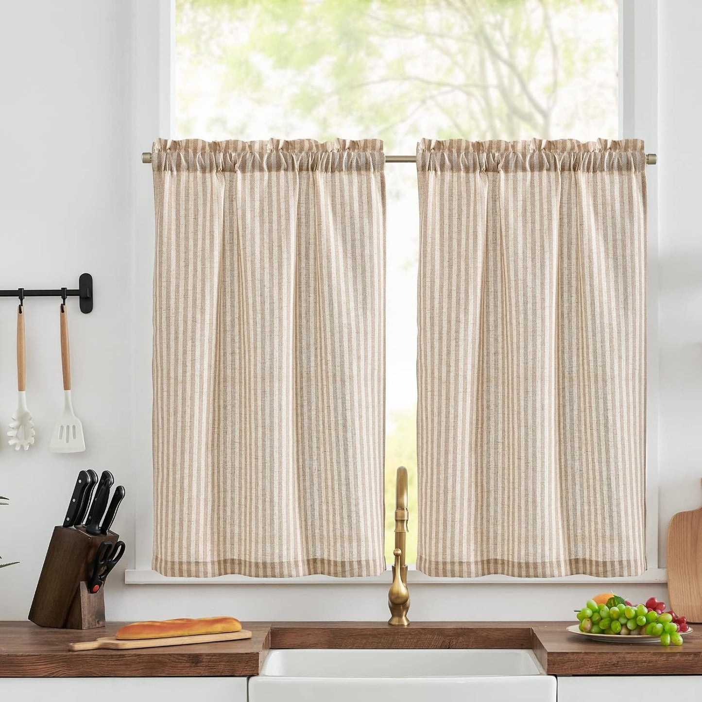 Jinchan Kitchen Curtains Striped Tier Curtains Ticking Stripe Linen Curtains Pinstripe Cafe Curtains 24 Inch Length for Living Room Bathroom Farmhouse Curtains Rod Pocket 2 Panels Black on Beige  CKNY HOME FASHION Rod Pocket Striped Tan W26 X L45 