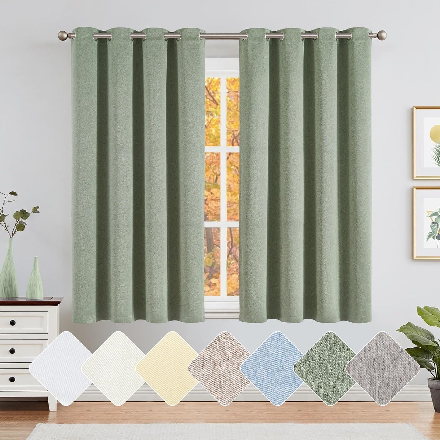Jinchan Curtains for Bedroom Living Room 84 Inch Long Room Darkening Farmhouse Country Window Curtains Heathered Denim Blue Curtains Grommet Curtains Drapes 2 Panels  CKNY HOME FASHION *Sage Green 50"W X 63"L 